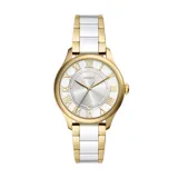 Reloj Fossil modelo Gilmore para mujer, con caja dorada de 38mm y pulsera combinada de cerámica blanca y acero dorado. El dial es plateado con números romanos dorados y fechador a las 6.