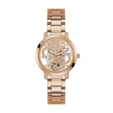 Reloj Guess para mujer, modelo GW0300L3, con caja y brazalete de acero color oro rosa. Esfera de 36mm con diseño calado que deja ver el mecanismo interno y logo de la marca con strass.