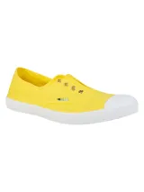 Zapatilla de lona color verde agua, sin cordones, con puntera de goma blanca y suela de goma blanca.