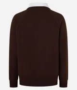 Sweater marrón de algodón con cuello camisero blanco, corte recto y mangas largas raglán.