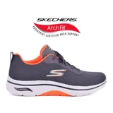 Championes Skechers Go Walk Arch Fit 2.0 color gris con detalles en naranja y blanco. Capellada de malla técnica, plantilla Arch Fit removible y amortiguación Ultra Go.