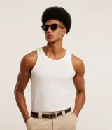 Musculosa masculina de poliéster y algodón, color blanco, con cuello redondo y textura flamê.