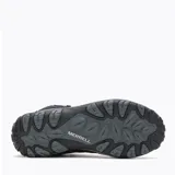 Bota de senderismo Merrell Accentor 3 Mid WP, color negro, de media altura, con capellada de gamuza y malla impermeable, cordones y correas reciclados, lengüeta de fuelle, puntera de goma protectora, forro de malla reciclada, plantilla de EVA removible, vástago de arco de nylon moldeado, entresuela de espuma EVA y suela de goma adherente.