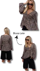 Blusa marrón con estampado animal print, escote en V con lazo ajustable, mangas largas abullonadas y corte peplum.