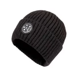 Gorro de lana negro con doblez y etiqueta de goma con el logo de la marca.
