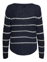 Sweater de punto azul marino con rayas horizontales blancas, de cuello redondo y manga larga.