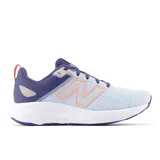Championes New Balance 460 V4 de dama, color celeste con detalles en lila y naranja, ideales para running.