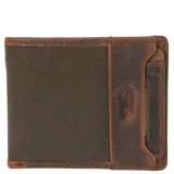 Billetera hecha a mano con cuero natural y canvas engrasado, con forro interior 100% poliéster reciclado. Cuenta con 8 ranuras para tarjetas, tarjetero extraíble con 2 bolsillos y ventana, empaque en caja ideal para regalos y tecnología RFID.