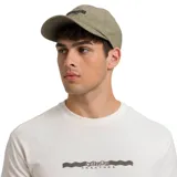 Gorra verde militar de algodón con logo de Caterpillar bordado en negro en el frente.