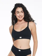 Soutien maternal negro sin costuras, con breteles regulables y broche frontal para amamantar.