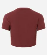 Blusa cropped de manga corta color verde militar, con cuello redondo y confeccionada en algodón certificado BCI.