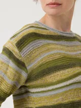 Sweater de punto con cuello redondo y mangas largas, con diseño de rayas horizontales en tonos verde oliva, gris y dorado.