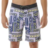Short de baño Rip Curl Mirage Max Quest de 19 pulgadas, con estampado geométrico en tonos violeta, azul y amarillo.