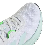 Championes de running Adidas Galaxy 7 para mujer, color blanco con detalles en verde menta y suela en tono menta claro y negro.