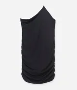 Vestido corto negro de jersey con escote de un solo hombro y tirante fino cruzado. Presenta fruncidos en la espalda.