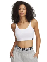 Musculosa corta Under Armour Rival Rib, color blanco, de tejido acanalado suave y elástico, con cuello cuadrado y logo pequeño en el lateral.