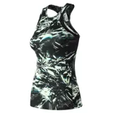 Musculosa deportiva New Balance con estampado abstracto en blanco, negro y celeste. Espalda racerback.