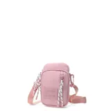 Bandolera pequeña color rosa con correa larga ajustable, cierre superior y bolsillo frontal con cierre.