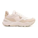 Championes blancos con detalles en beige y dorado, con plataforma y cordones.