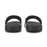 Chancletas Puma Popcat 20, con base negra y tira ancha blanca con logo Puma en negro.