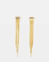 Aros colgantes largos dorados con strass y lluvia de cadenas.