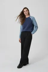 Buzo de cuello redondo con diseño color block en azul marino y celeste, con mangas raglán y costuras blancas decorativas.