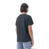 Remera negra de corte clásico con cuello redondo y mangas cortas. Estampado frontal con el logo de Roxy, flores y un corazón.