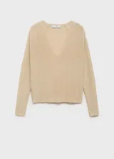 Jersey de punto fino color verde esmeralda con cuello pico y manga larga. Tejido con lurex.