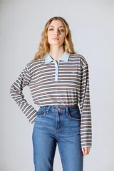 Camiseta de manga larga con cuello polo a rayas horizontales marrones y celestes.