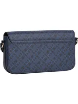 Cartera cruzada Tommy Hilfiger azul marino con estampado del monograma TH en azul claro. Tiene correa ajustable, cierre con solapa, compartimento principal, bolsillo interior con cierre y logo metalizado TH en la parte delantera.