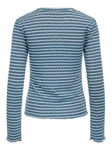 Remera de manga larga azul con rayas horizontales blancas, cuello redondo y corte ajustado.