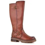 Bota bucanera negra de cuero sintético, con caña alta, hebillas decorativas y suela track.