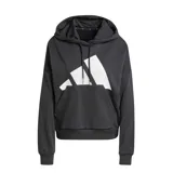 Canguro negro de mujer Adidas Essentials Big Logo French Terry, de corte holgado, con capucha ajustable con cordón, bolsillo tipo canguro y logo grande de Adidas estampado en blanco en el frente.