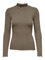 Camiseta de punto color marrón, con cuello alto y diseño acanalado.