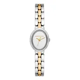 Reloj Michael Kors modelo Maude, con caja ovalada de acero plateado y esfera blanca. El brazalete es de acero combinado en plateado y dorado.