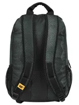 Mochila azul con estampado geométrico, logo de la marca en el frente, tirantes ajustables de malla elástica, bolsillo portaobjetos y ranuras para bolígrafos en el compartimento principal, compartimento trasero con bolsillo acolchado para portátil y cierre de cremallera.