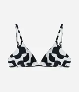 Top de bikini triangular con estampado bicolor, breteles finos regulables y copas desmontables.