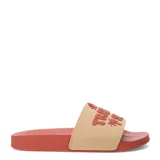 Sandalia de goma color negro con estampado de texto "Tropic Sun" en color rosa.