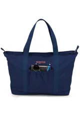Bolso tipo tote de tela color azul marino con cierre superior y bolsillo frontal con fuelle. Tiene doble asa de mano y logo de la marca en el frente.
