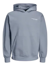 Hoodie celeste de manga larga con capucha, bolsillo canguro y logo estampado en el pecho. Modelo plus size.