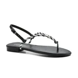Sandalia de dedo color negro con tiras finas trenzadas en plateado y tira trasera con hebilla ajustable.
