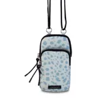 Bandolera porta celular color azul con efecto denim, con dos compartimentos con cierre y correa regulable de elástico.