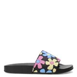Sandalias negras de goma con estampado de flores en tonos rosa, amarillo y celeste.