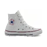 Zapatillas Converse Chuck Taylor All Star Hi de lona color blanco, de caña alta y suela de goma con detalles en rojo y negro.