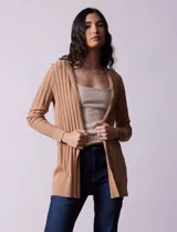 Cardigan largo color camel en tejido acanalado, marca Rio & Rian.