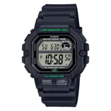 Reloj Casio digital deportivo de resina negra, con pantalla LCD que muestra hora, día de la semana y fecha. Presenta funciones como memoria de vueltas (LAP MEMORY 60), resistencia al agua de 100 metros, batería de 10 años y luz Illuminator.