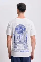 Remera blanca de manga corta con estampado azul de R2-D2 en la espalda.