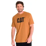 Remera negra de manga corta con logo CAT estampado en el pecho.