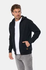 Canguro con cierre y capucha color bordó, confeccionado en felpa de algodón y poliéster.