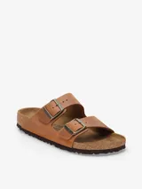 Sandalias unisex con dos correas ajustables, en cuero nubuck engrasado color marrón, con base de corcho y látex.